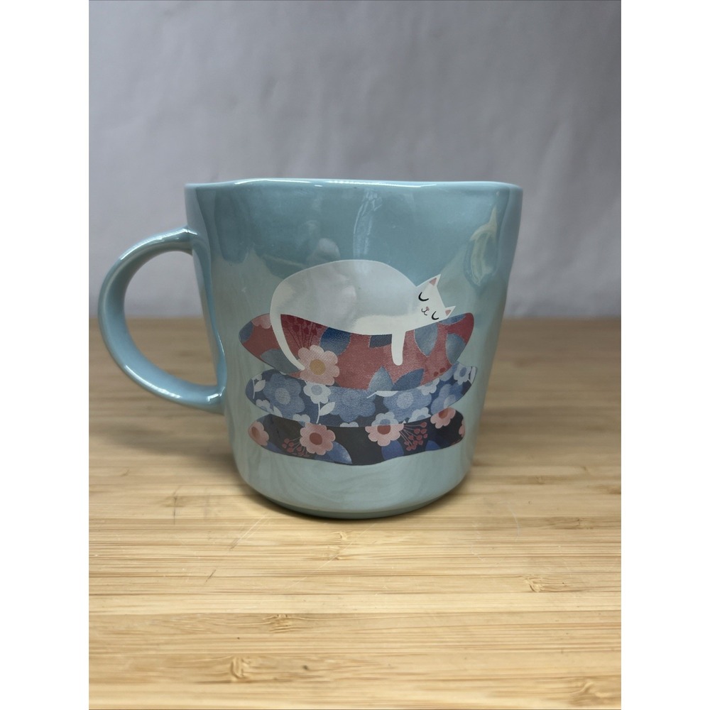 New!  Fig And Fern‎ Pearl Blue Cat Sleeping Double sided Coffee Mug